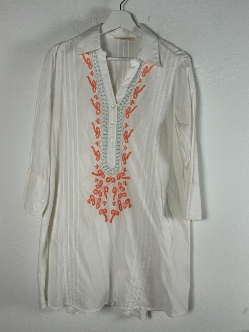 Soft Surroundings Womens Embroidered Meryl Tunic Top Medium White 3/4 Sleeve